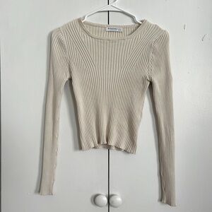 Stradivarius Ribbed Long Sleeve Shirt in Ecru